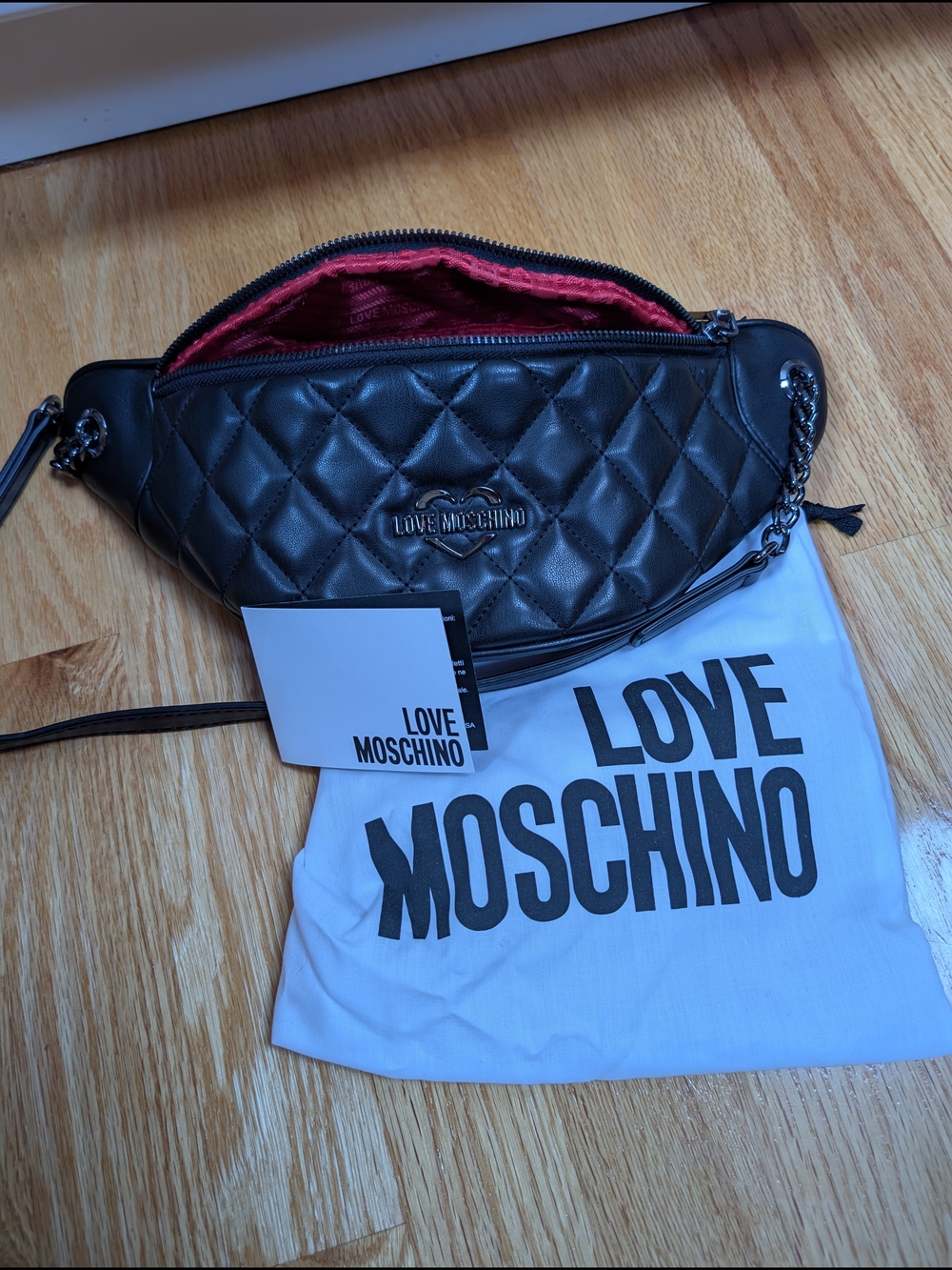 Love Moschino Black Quilted Crossbody/Belt Bag with Red Interior